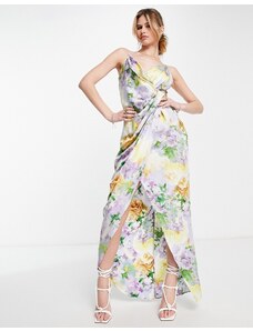 Liquorish - Vestito lungo avvolgente con spalline sottili in raso a fiori pastello tenue-Multicolore