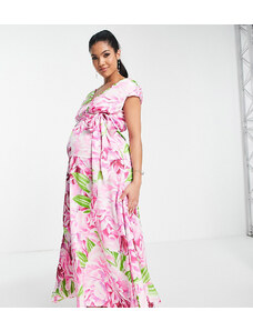 Liquorish Maternity - Vestito lungo verde e rosa a fiori con scollo profondo-Multicolore