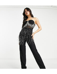 Esclusiva Lace & Beads - Tuta jumpsuit nera con corsetto trasparente con frange di cristalli-Black