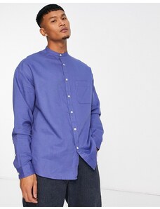 ASOS DESIGN - Camicia oversize anni '90 in lino con collo serafino blu