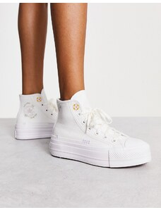 Converse - Lift Hi - Sneakers bianche con fiori ricamati e plateau-Bianco