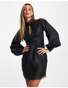 ASOS DESIGN - Vestito corto in popeline nero accollato con maniche a sbuffo e dettaglio ad apertura a goccia
