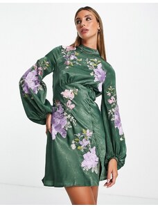 ASOS DESIGN - Vestito corto in raso verde a fiori con ricami-Multicolore
