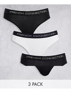 French Connection - Confezione da 3 slip neri con fascia in vita color oro e argento-Nero