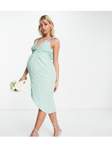 TFNC Maternity - Vestito da damigella midi a portafoglio con spalline decorate in chiffon salvia-Marrone