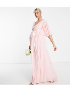 TFNC Maternity - Vestito lungo da damigella rosa sussurro a pieghe con maniche a kimono a pipistrello