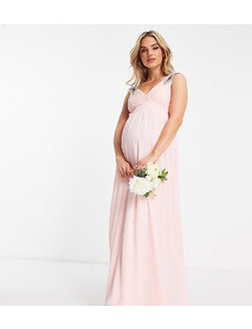 TFNC Maternity - Vestito lungo da damigella a portafoglio con spalline decorate in chiffon rosa tenue