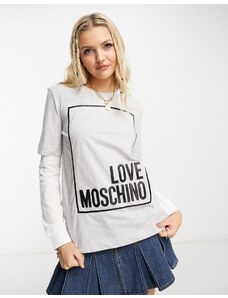 Love Moschino - Top a doppio strato grigio mélange con riquadro del logo