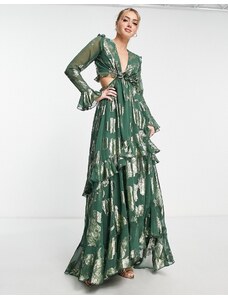 ASOS DESIGN - Vestito lungo a balze in jacquard a fiori verde con gonna con volant-Multicolore