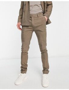 Topman - Pantaloni da abito super skinny marrone con motivo a spina di pesce