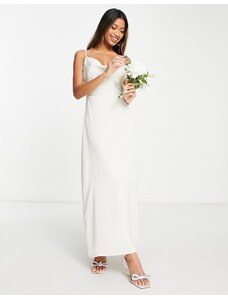 Vila - Vestito lungo da sposa con spalline sottili e scollo ad anello in raso color crema-Bianco