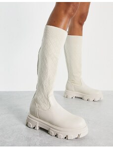 Truffle Collection - Stivali a calza al ginocchio in maglia color crema-Bianco