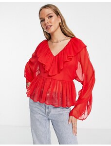 ASOS DESIGN - Blusa rossa trasparente con volant-Rosa