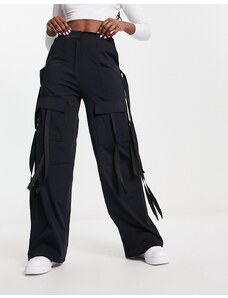 ASOS DESIGN - Pantaloni cargo a fondo ampio neri con nastri-Black