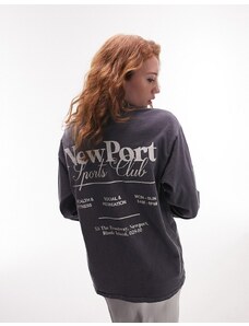 Topshop - T-shirt skater a maniche lunghe color ardesia con stampa "New Port"-Grigio