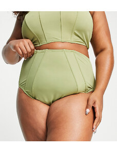 We Are We Wear Plus - Slip bikini contenitivi a vita medio alta color kaki-Verde