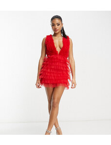 Esclusiva Lace & Beads - Vestito corto in tulle rosso con cut-out a cuore sulla schiena