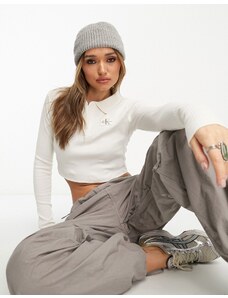 Calvin Klein Jeans - Crop top a maniche lunghe con colletto-Bianco