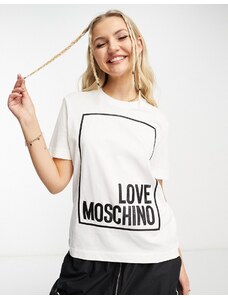 Love Moschino - T-shirt bianca con riquadro del logo e finiture in pelle sintetica-Bianco