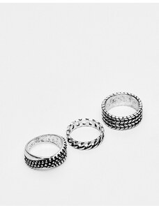 ASOS DESIGN - Confezione da 3 anelli a fascia con design effetto corda color argento brunito