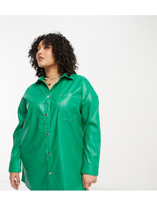 Native Youth Plus - Vestito camicia corto in similpelle PU verde con cuciture a contrasto
