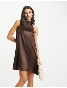 Urban Threads - Vestito corto in raso marrone cioccolato accollato-Brown
