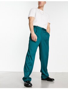ASOS DESIGN - Pantaloni da abito a fondo ampio in plissé verde bosco