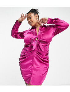 Parisian Plus - Vestito corto con scollo profondo in raso rosa acceso