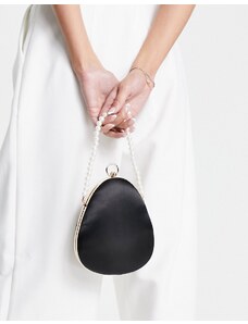 True Decadence - Pochette strutturata in raso nero con manico in perle ad anello