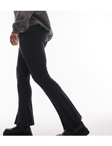 Topshop Curve - Pantaloni a zampa in tessuto premium morbido nero slavato con spacchi sul davanti-Black