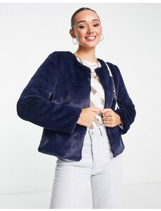 Unreal Fur - Giacca taglio corto in pelliccia sintetica blu navy senza colletto