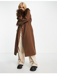 Violet Romance - Cappotto taglio lungo marrone cioccolato con cintura e finiture in pelliccia sintetica