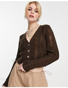 Annorlunda - Cardigan color cioccolata calda in maglia sottile effetto smagliato-Marrone
