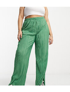 Only Curve - Pantaloni a fondo ampio plissé verdi con spacco laterale in coordinato-Verde