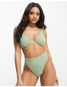 ASOS DESIGN - Mix and Match - Perizoma bikini sgambato in tessuto stropicciato kaki-Verde