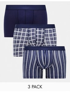 ASOS DESIGN - Confezione da 3 paia di boxer aderenti in jersey blu navy con motivo a quadri e a righe
