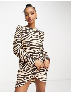 New Look - Vestito corto accollato marrone zebrato con maniche a sbuffo-Brown