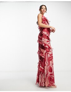 ASOS DESIGN - Vestito lungo in raso rosso con stampa effetto marmo, taglio sbieco e volant