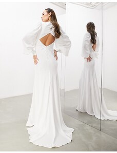 ASOS DESIGN ASOS EDITION - Lucinda - Vestito lungo da sposa in raso color avorio con cut-out sul retro e maniche a campana-Bianco