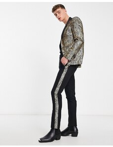 Twisted Tailor - Kalman - Pantaloni da abito skinny neri in velour con riga laterale laminata oro-Nero