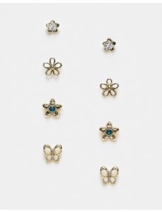 DesignB London - Confezione multipack di orecchini a bottone color oro a forma di fiore e farfalla