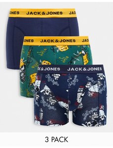 Jack & Jones - Confezione da 3 paia di boxer aderenti blu navy con stampa di teschi-Verde