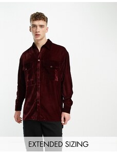 ASOS DESIGN - Camicia oversize in velluto bordeaux con due tasche-Rosso