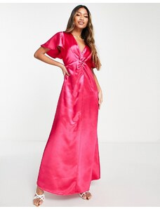 Vila - Vestito lungo da damigella in raso rosa con maniche con volant