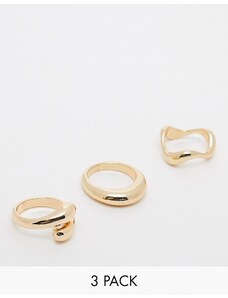 ASOS DESIGN - Confezione da 3 anelli con design minimal misti, colore oro
