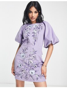 ASOS DESIGN - Vestito corto allacciato sul retro a coste lilla con fiori ricamati-Viola