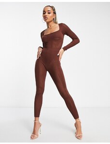 Simmi Clothing SIMMI - Tuta jumpsuit in maglia a coste modellante color cioccolato-Marrone