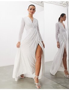 ASOS DESIGN - Alexa - Vestito da sposa a portafoglio a maniche lunghe con paillettes-Bianco