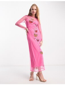Never Fully Dressed - Vestito lungo con maniche lunghe rosa decorato con farfalle