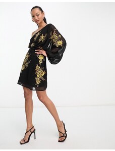 ASOS DESIGN - Vestito corto monospalla in chiffon nero con motivi floreali color calendula-Black